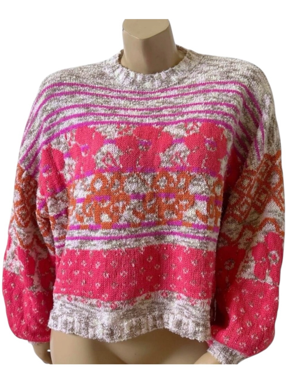 Bunulu Sweater Womens S Floral Boho Cropped Knit Crew Neck Pullover Long Sleeve